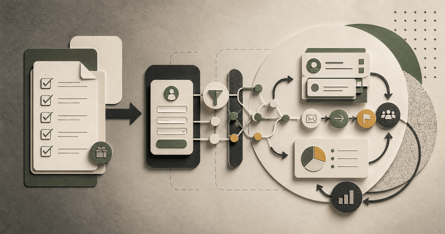 Editorial-style conceptual image showing a free resource progressing through qualification and workflow stages into a structured lead generation system