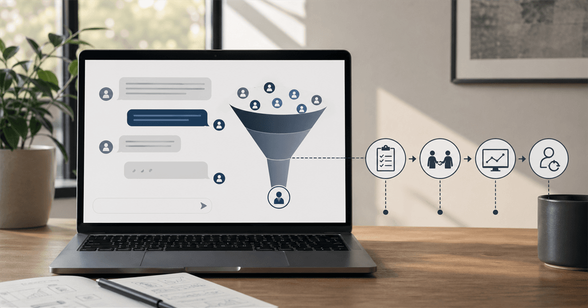 Editorial-style image showing a custom GPT conversation turning into a structured lead-capture workflow with qualification and follow-up stages